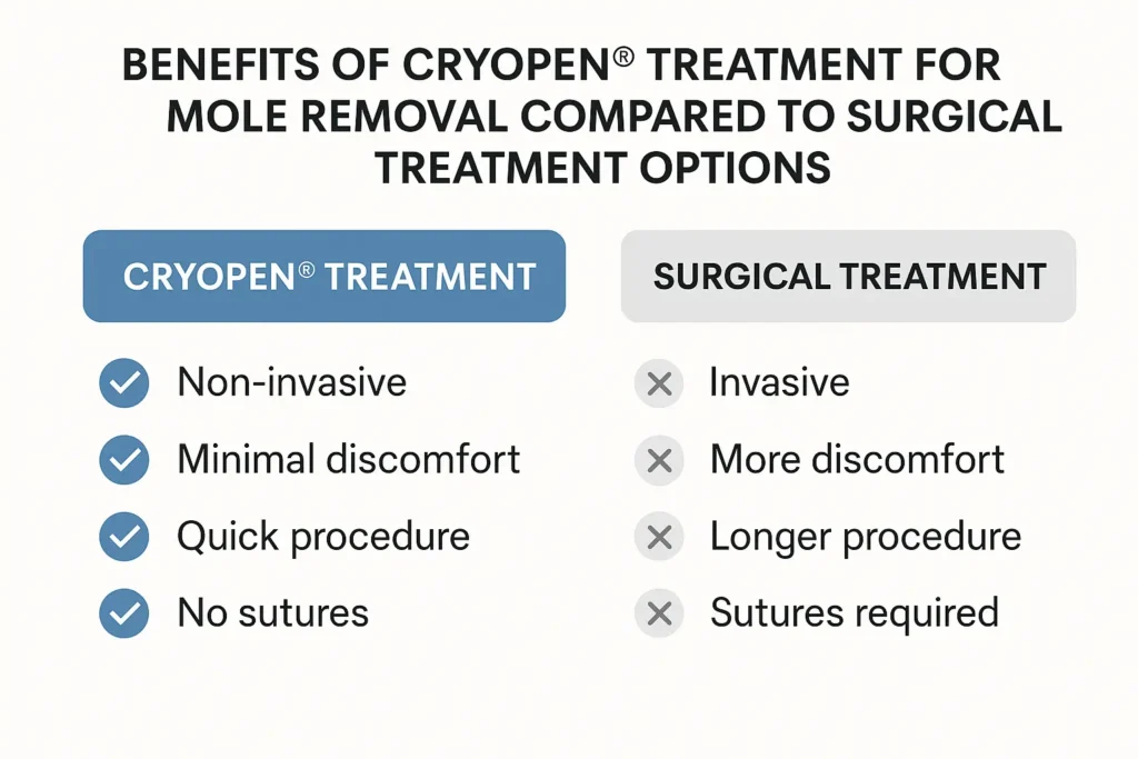 Table to show the benefits of getting moles removed Southampton from LA LIPO