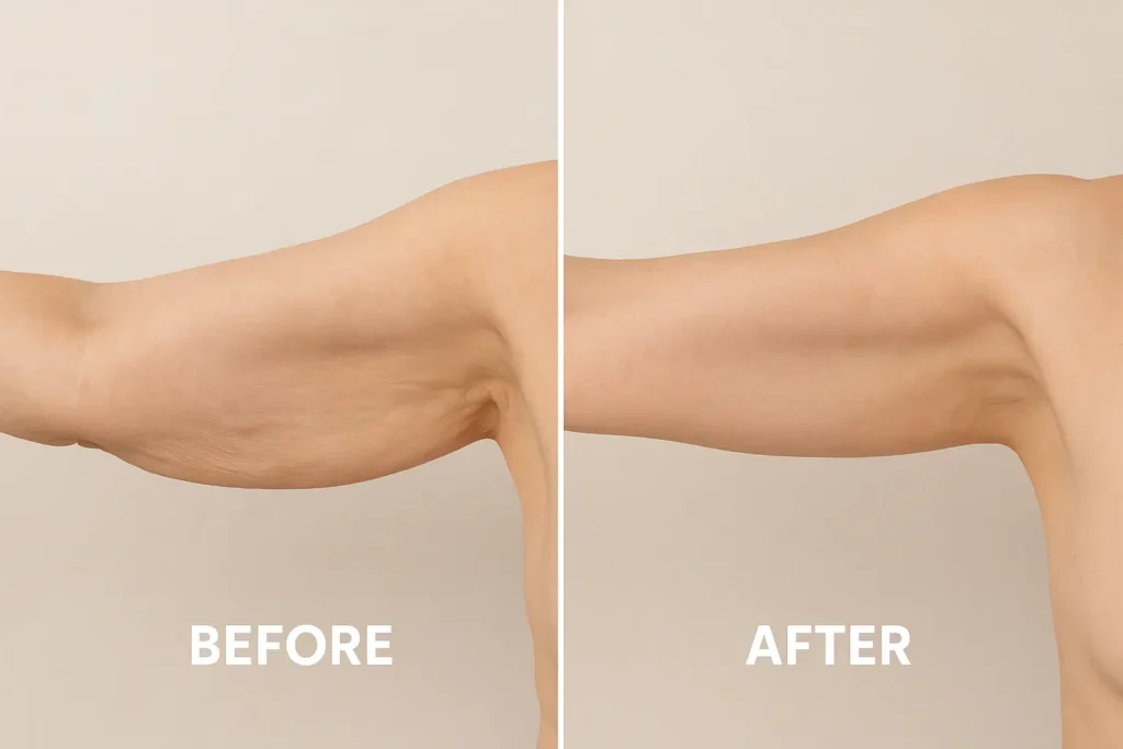 Picture of LA LIPO Southampton before and after results of skin tightening treatment on the upper arms.