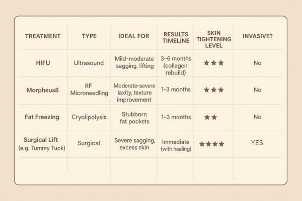 Table showing the comparisons of Skin tightening Southampton treatment options.
